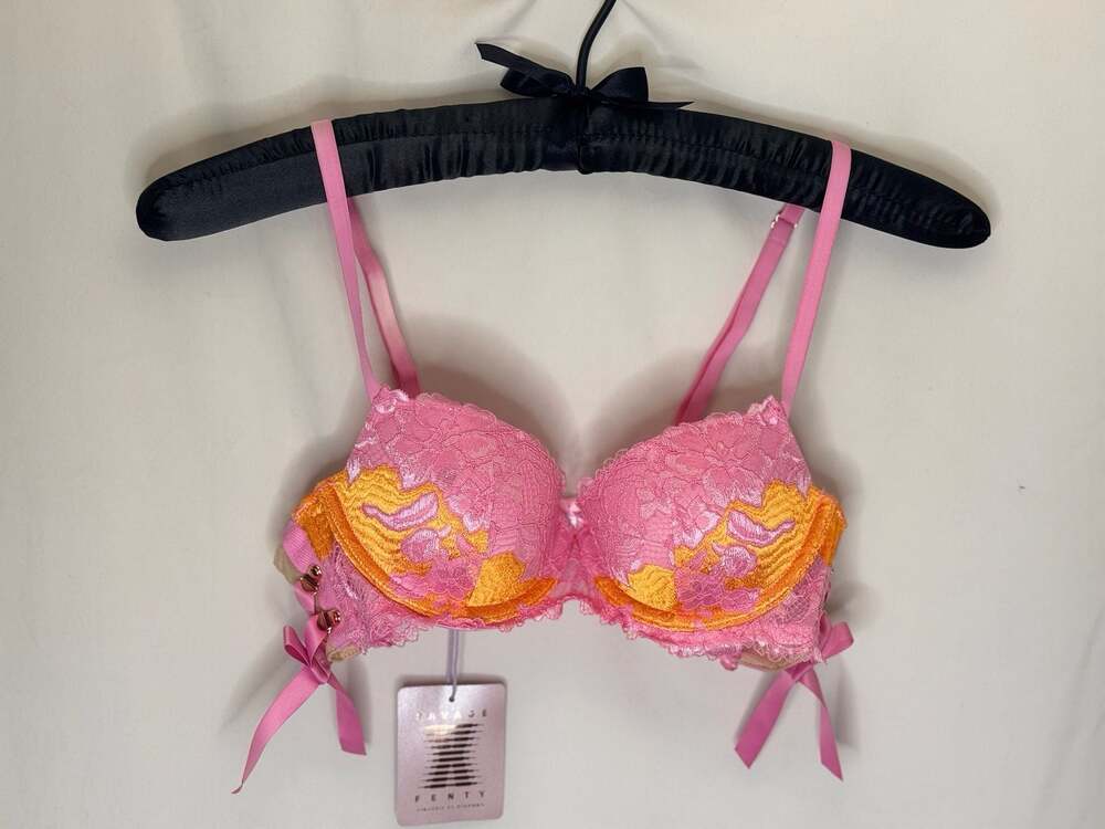 Savage X Fenty Pink and Orange Lace Corset Detail Bra 34A. Sexy. summer.